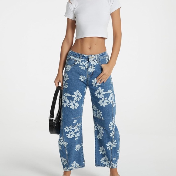 Painted Floral Blue Women's Barrel Jeans - Picture 5 of 8